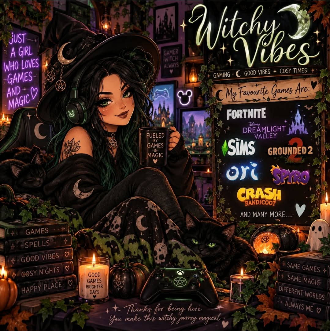 Witchy Vibes surrounded by favourite games, cats and candles