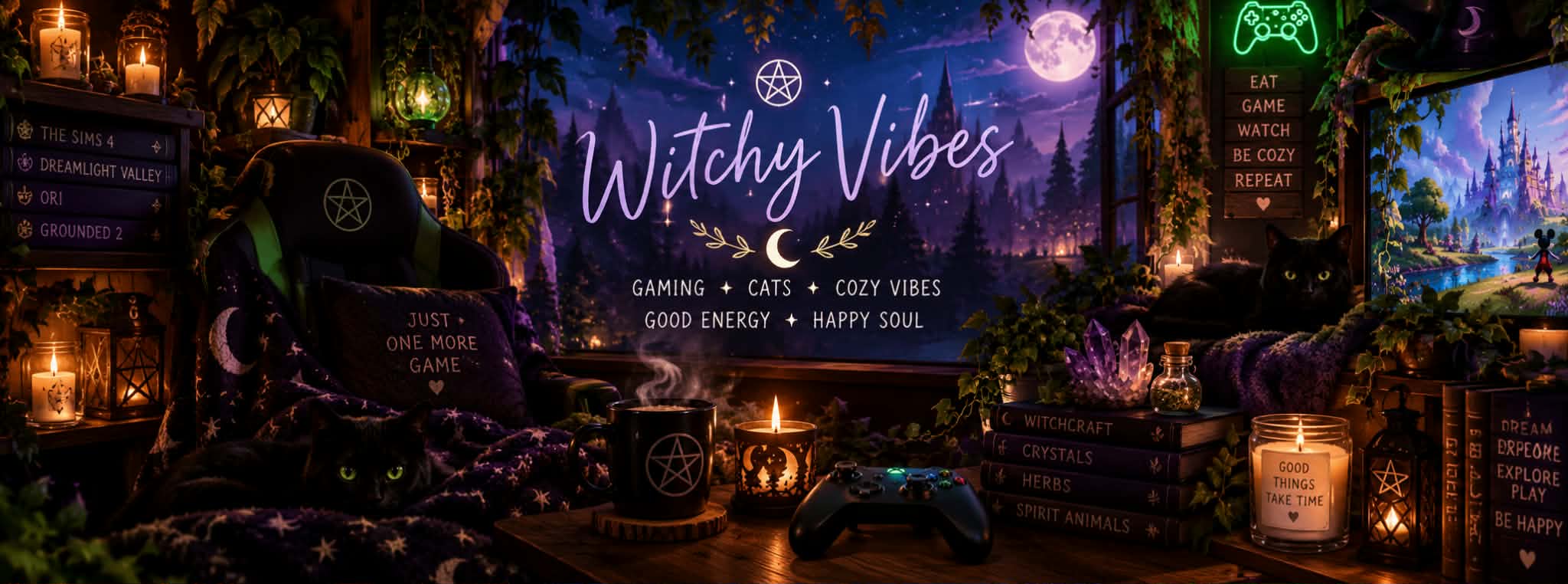 A cosy gaming sanctuary with a controller, crystals and black cats